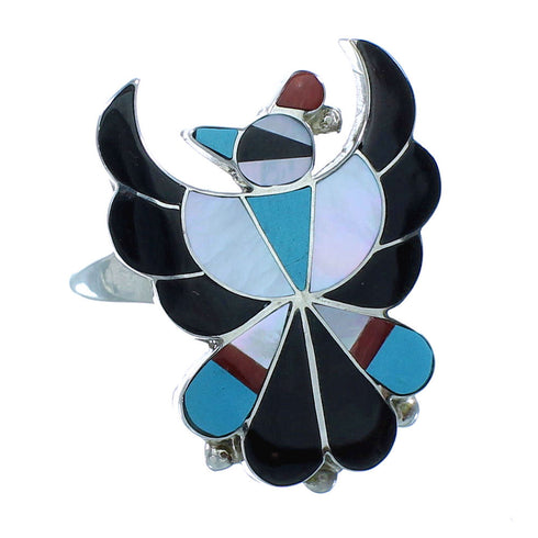 Zuni Multicolor Inlay Thunderbird Sterling Silver Ring Size 7-1/2 JX127574